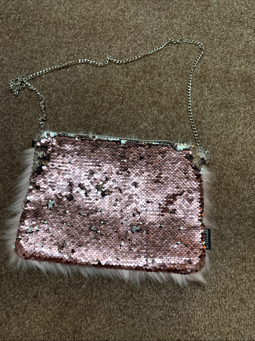 Sequin Purse with Faux Fur Trim - Rose Gold